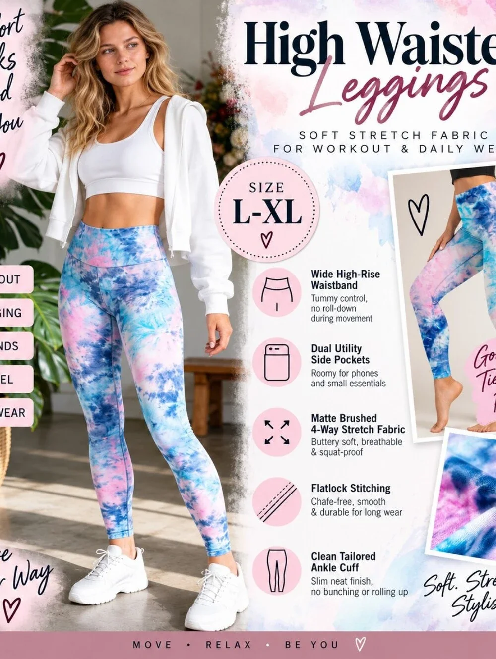 High Waisted Women's Leggings in Tie-Dye Pink & Blue - Comfort Stretch Size L-XL